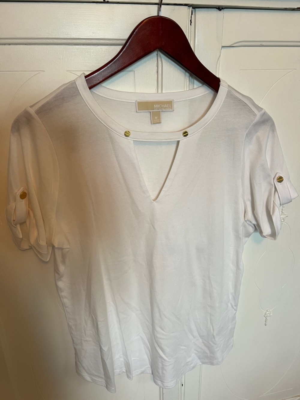 2/$7 Michael Kors White Short Sleeve Notch-Neck Tee with Gold Accents